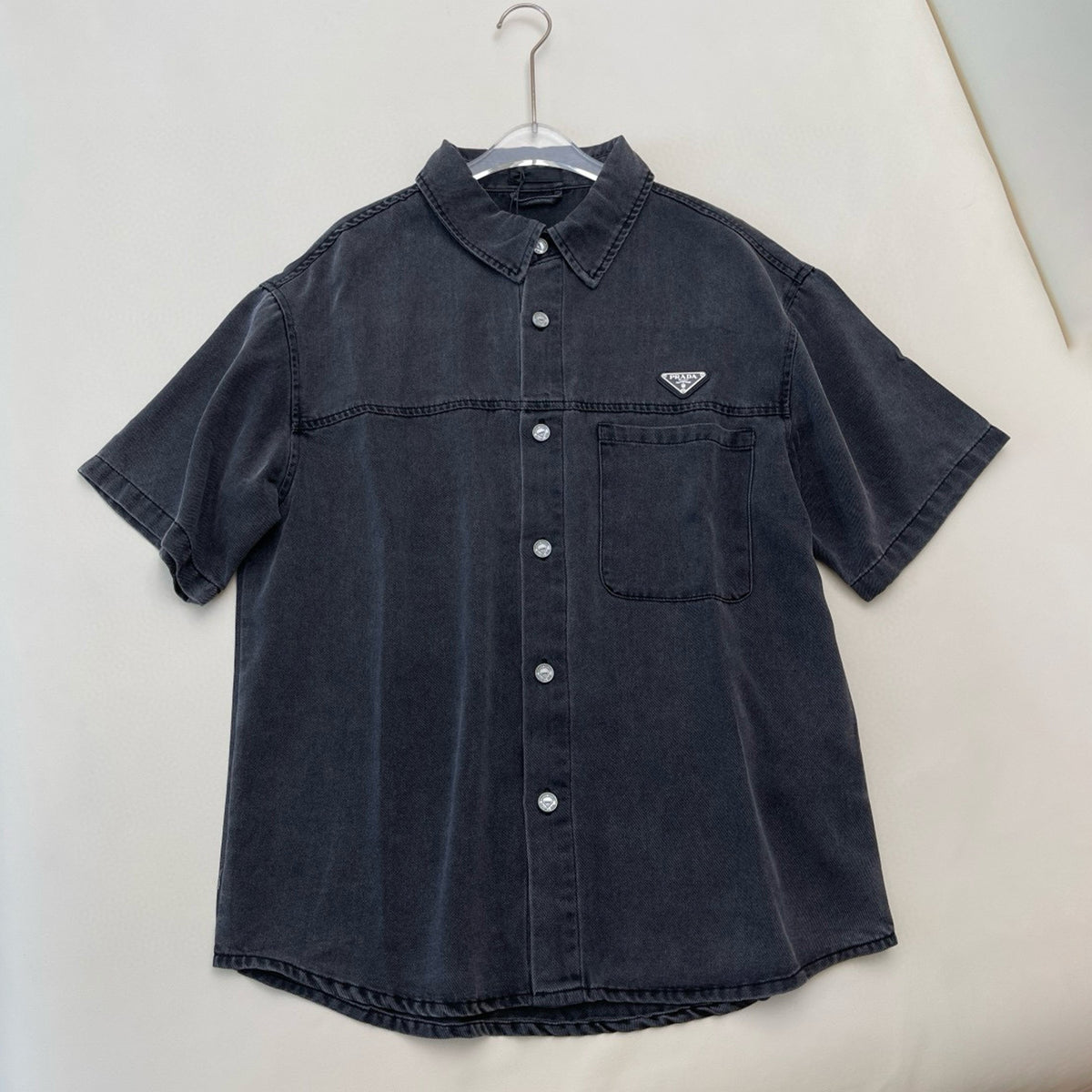 Prada Men's Early Autumn Men's Women's Lycra Denim Shirt. Triangle Logo Vintage Gray Short Sleeve Lapel Shirt Polo T-shirt  #81617