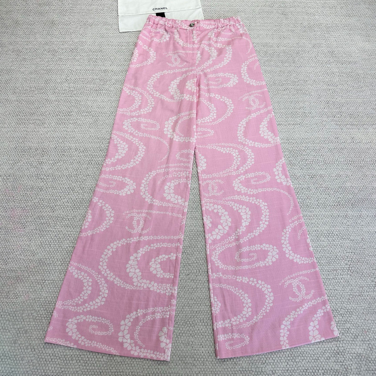 Chanel Women's CoCo Beach Collection Logo Printed Seasonal Solid Color Wide Leg Pants Casual Trousers #77266