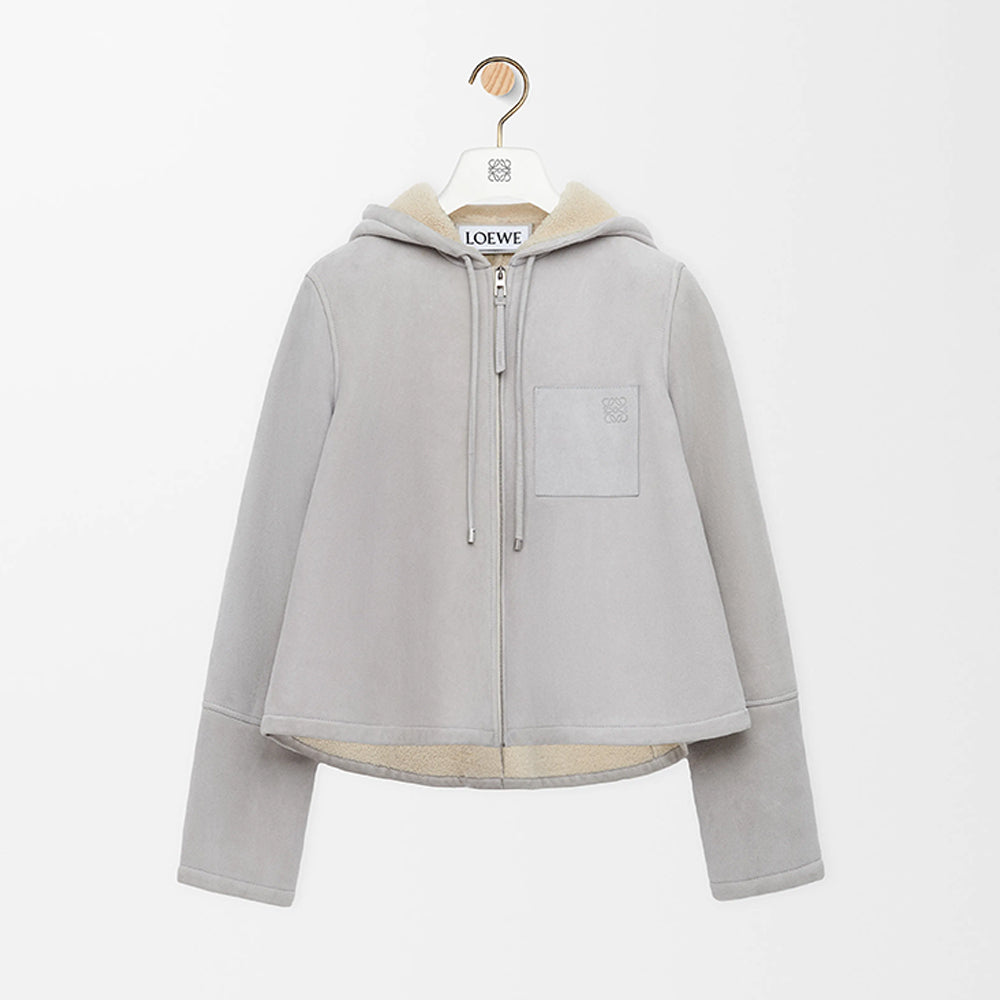 LOEWE 25AW Derby Suede Leather And Fur Beige Tellow Hair Suede Shearling Hooded Jacket #332353