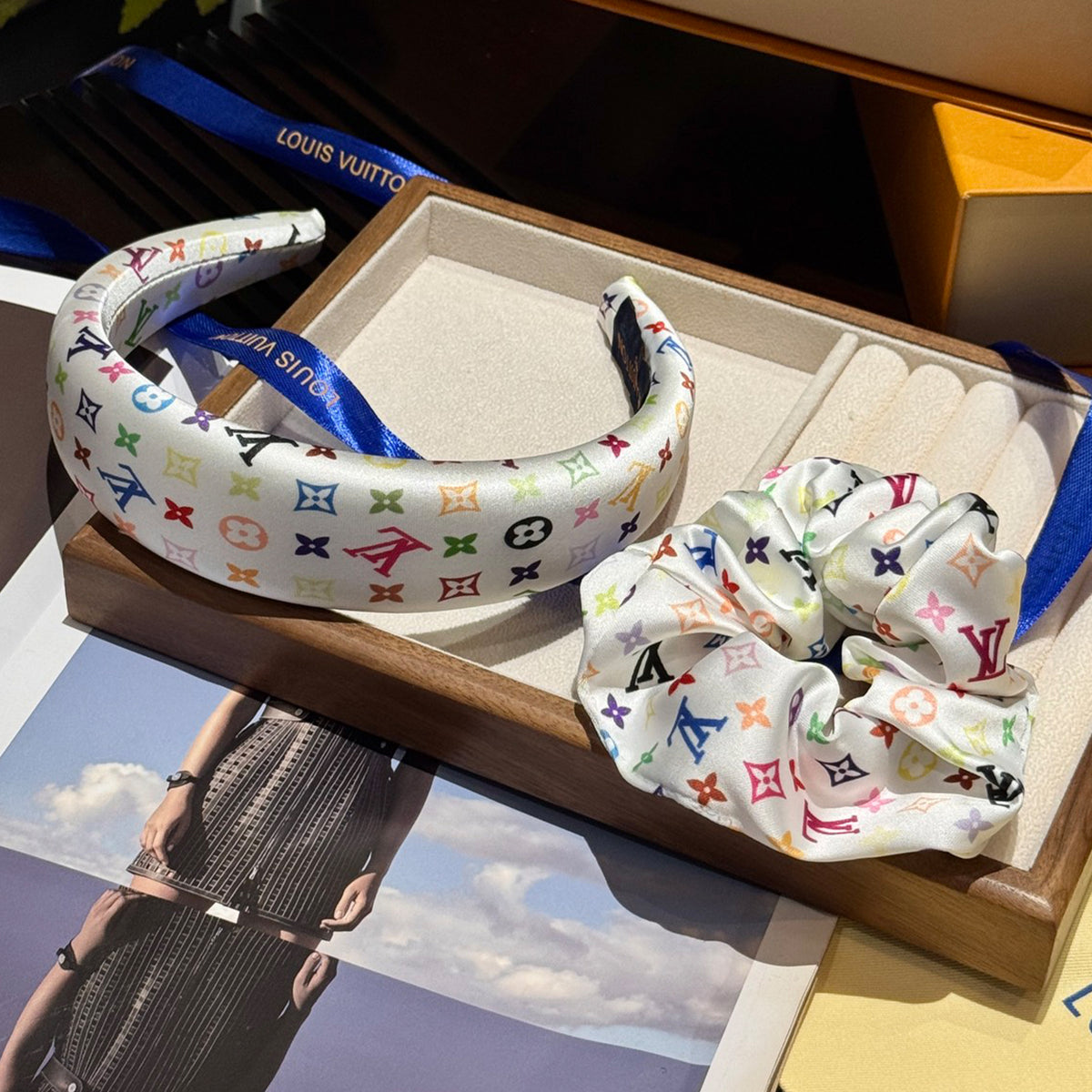 Louis Vuitton Monogram Printed Hair Bands White Tri-colour Women's Fashion Temperament Elegant Hair Bands Headwear Accessories #81373