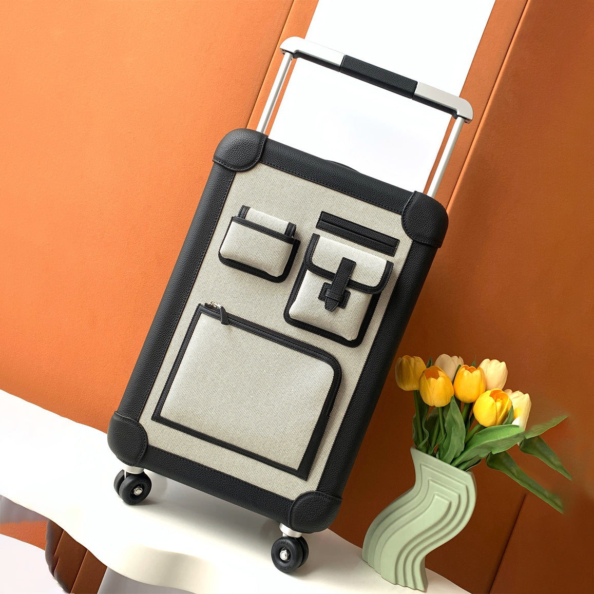 Hermes Fashion Color Blocking Canvas Splicing Leather Luggage Leisure Multi-Pocket Bag Bag Simple Boarding Box Suitcase Travel Box Ngvp #9463