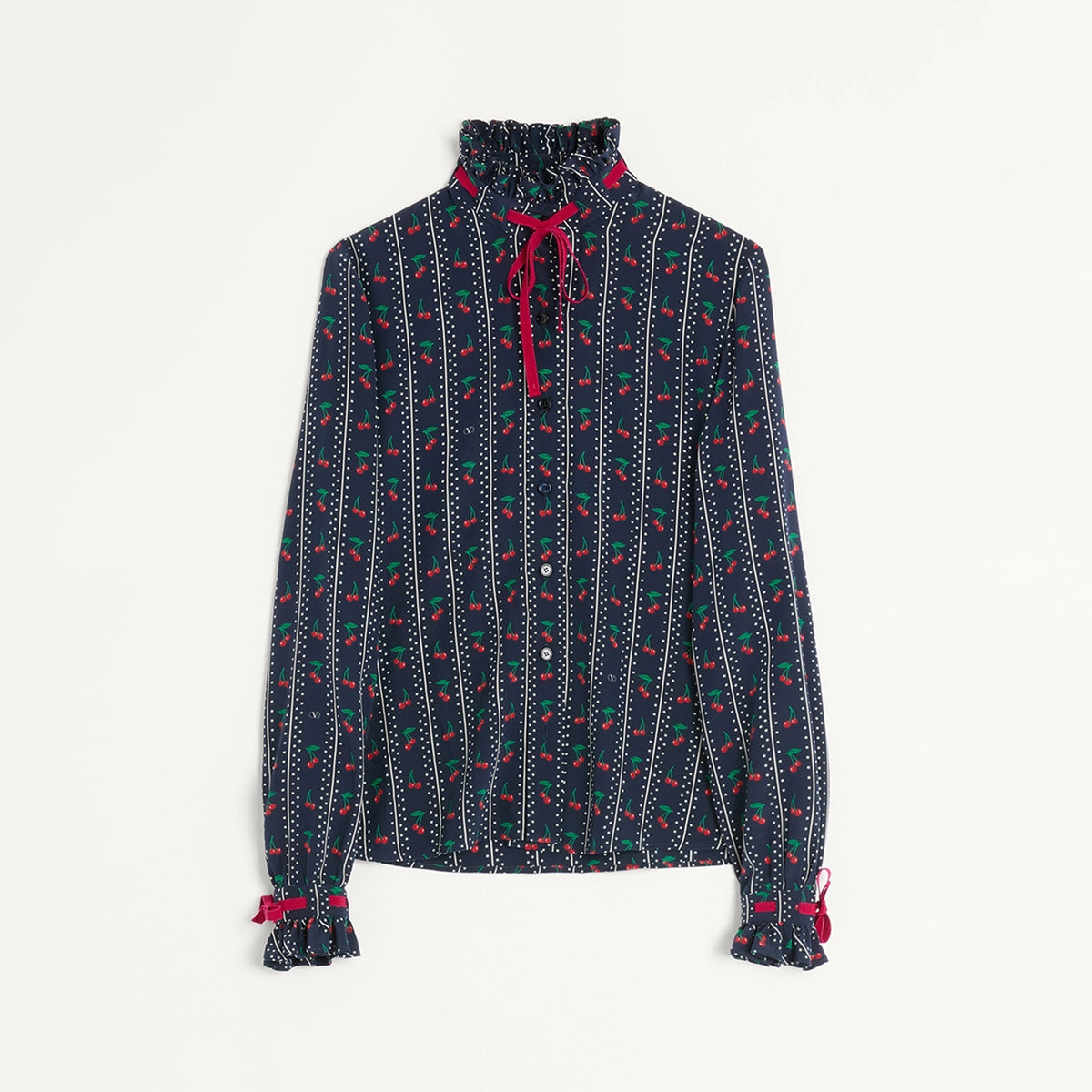 Valentino Cherryfic Cherry Pattern Double Crepe Shirt Lace Bustier Skirt Spring Summer Women's Fashion Temperament Retro Dark Elegant Suit Set Ngvp #1738