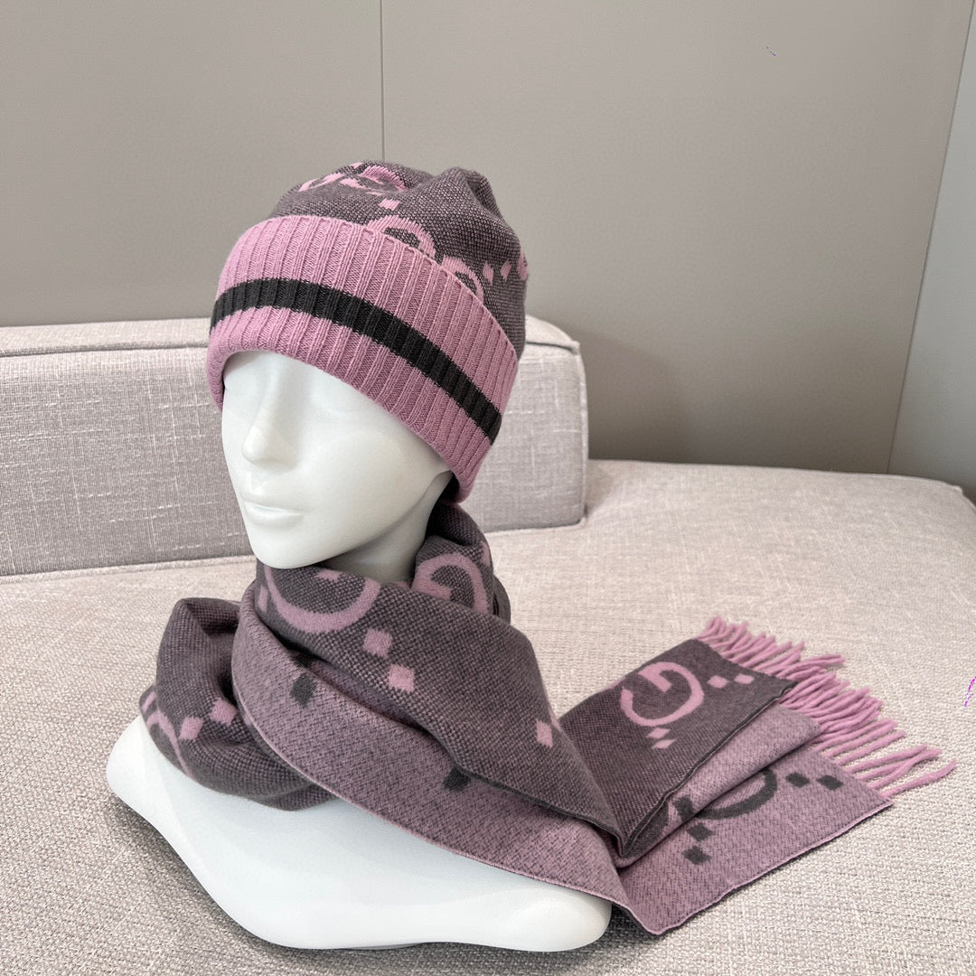 Gucci GG Knit Cashmere Hat Jacquard Tassel Scarf Set Suit #97291