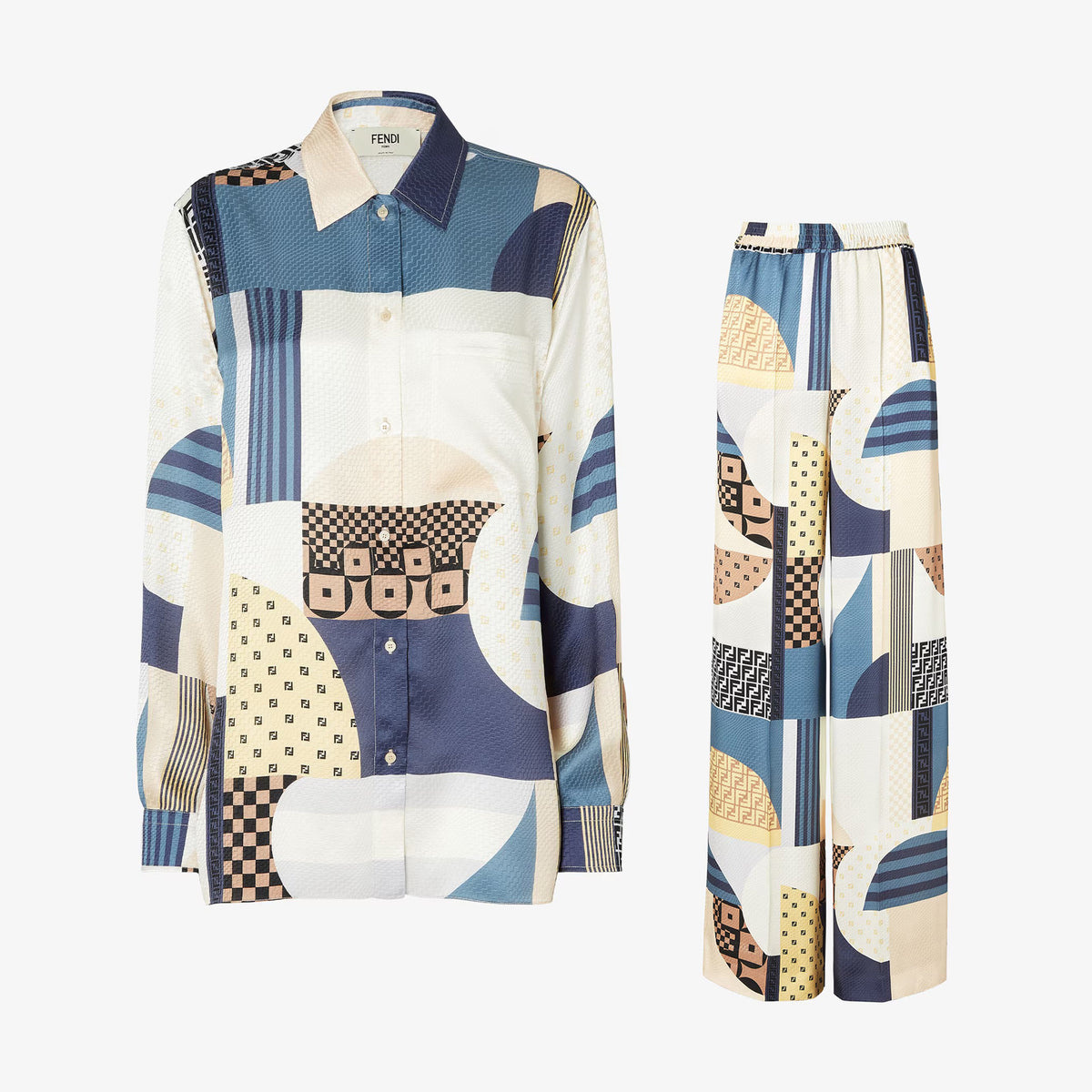 Fendi Women's Summer Patchwork Printed Single-Breasted Long-Sleeved Shirt and Casual Pants Set Suit #77336