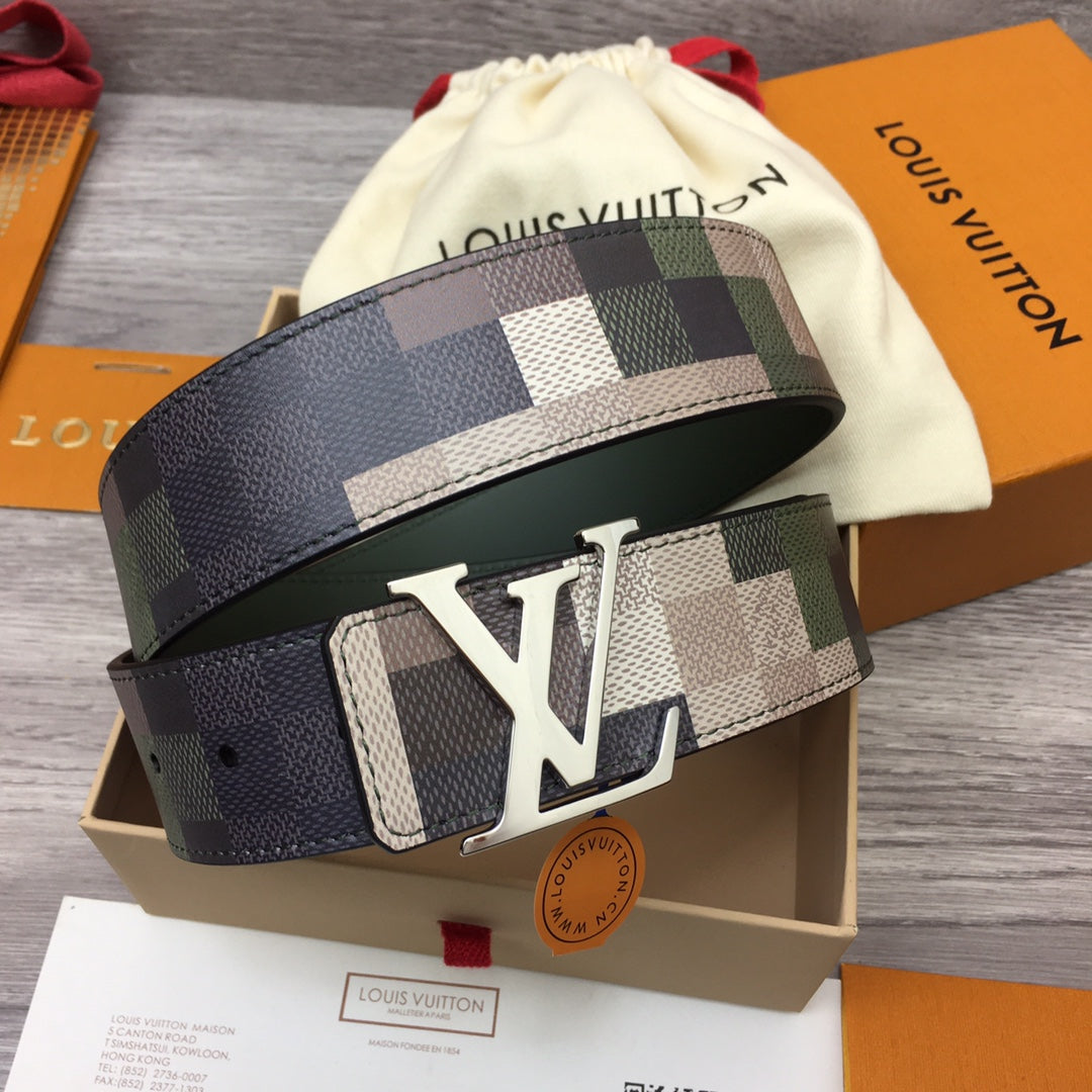 Louis Vuitton Mega Pixel Men's Four Seasons Fashion Camo Cowhide Belt Logo Luxury Double Sided Belt Width 4cm Accessories #71221