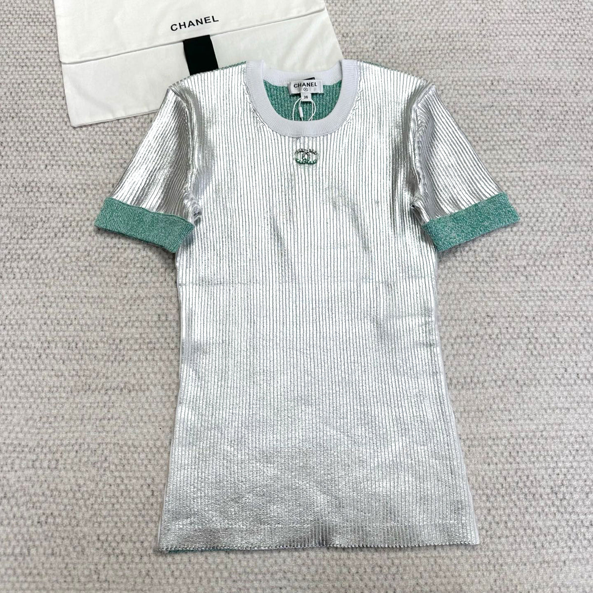 Chanel Women's Summer Round Neck Colour Block Silver Short Sleeve T-Shirt #312688