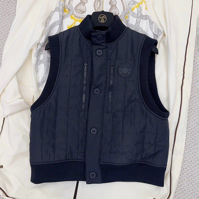 Hermes Women's Fall/Winter Stand Collar Plaid Solid-Color Cotton-Blend Sleeveless Pilot Jacket Vest Ngvp #2547