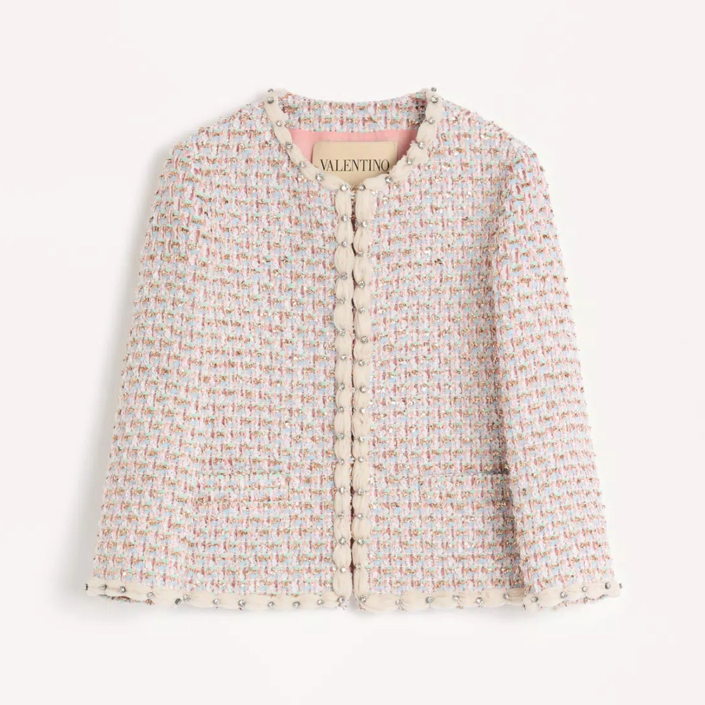 Valentino ?Women's Spring/Summer/Fall Striped Knit Long-Sleeve Embroidered Ribbon Tweed Jacket Casual Solid-Color Mid-Waist Skirt Ngvp #2384