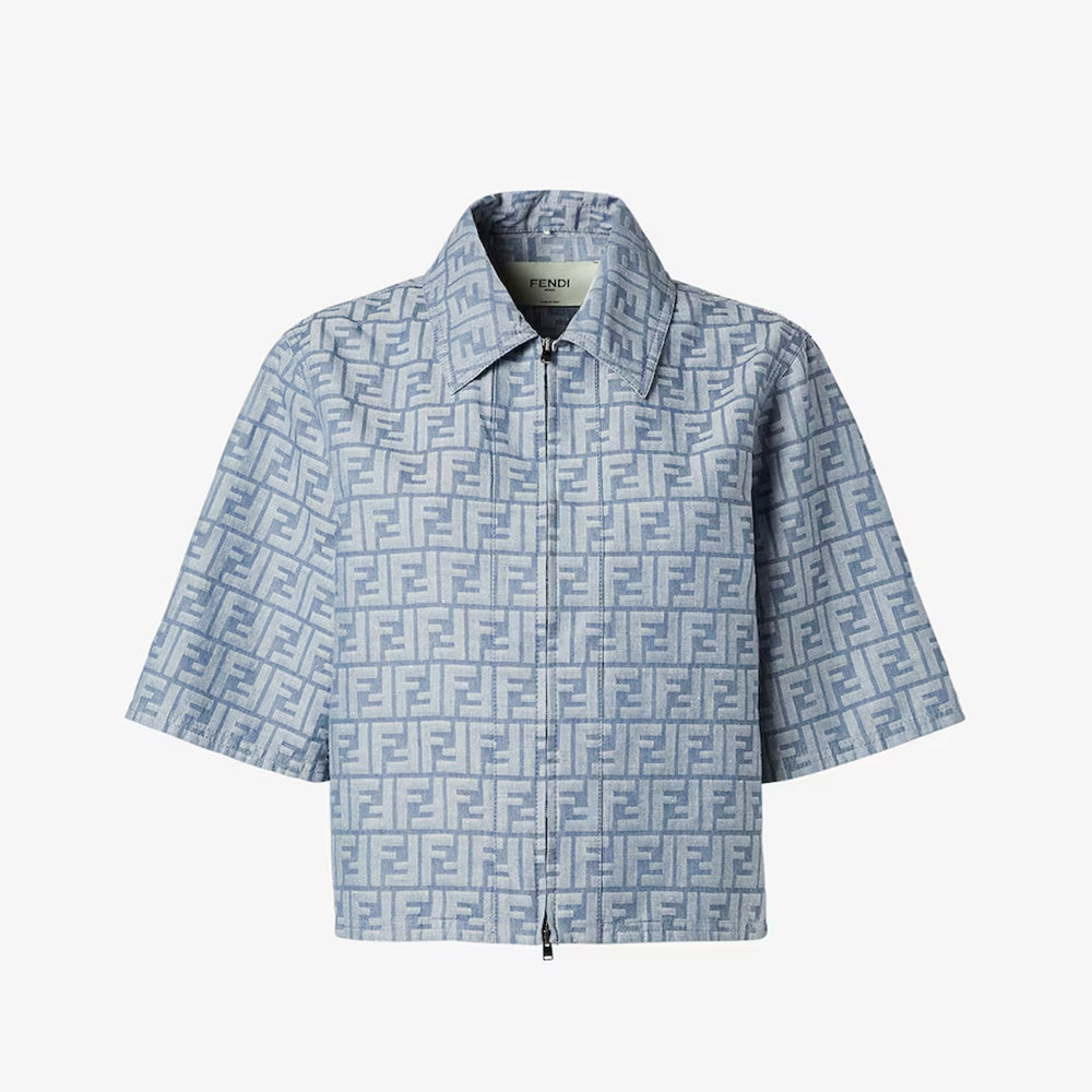 Fendi Women's Summer Blue FF Jacquard Chambray Short-Sleeve Collared Denim Jacket With Casual Elastic Waist Shorts #81543