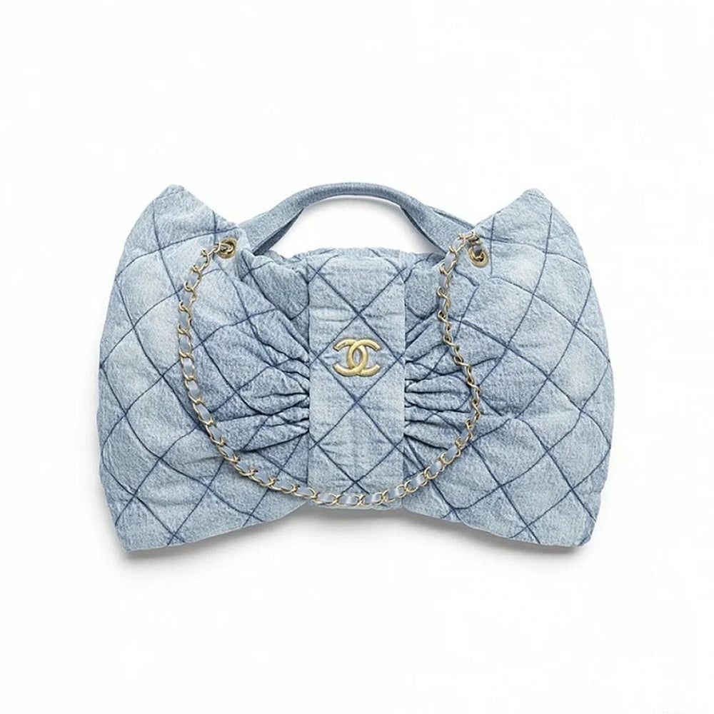 Chanel Light Blue CC Logo Bow Shape Denim Shoulder Bag#386033