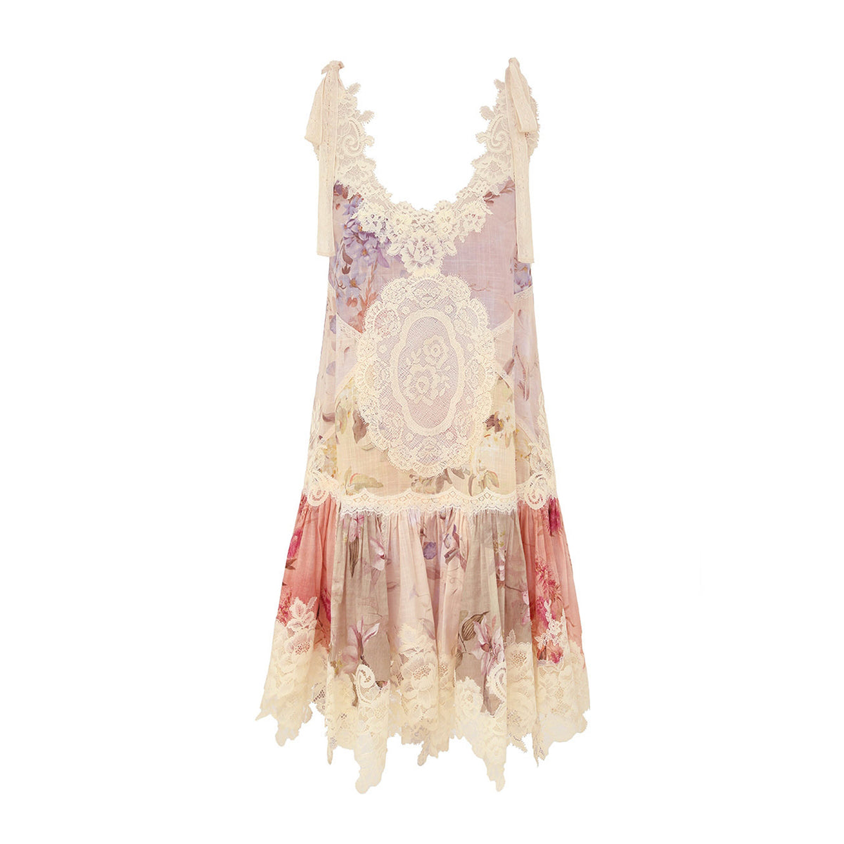 Zimmermann Women's Cascadian Lace Embroidered Contrast Color Patchwork Print V-Neck Summer Sleeveless Mini Dress #81568