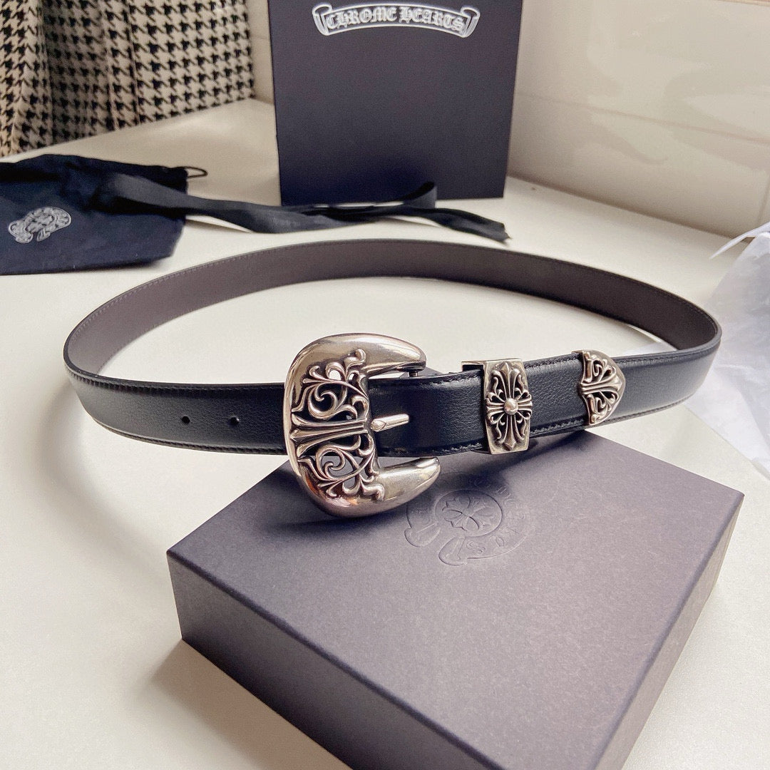 Chrome Hearts Men's Logo Leather Belt Pure Copper Thick Gold Plated 3cm Wide Belt Jewelry Accessories #71931