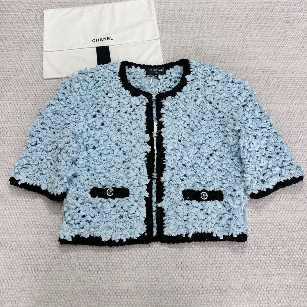 Chanel Women's Spring And Summer Luxury Silk Blue Jacket Temperament Elegant Fashion Round Neck Single-breasted Shirt T-shirt Bustier Skirt Suit Set Ngvp #1716