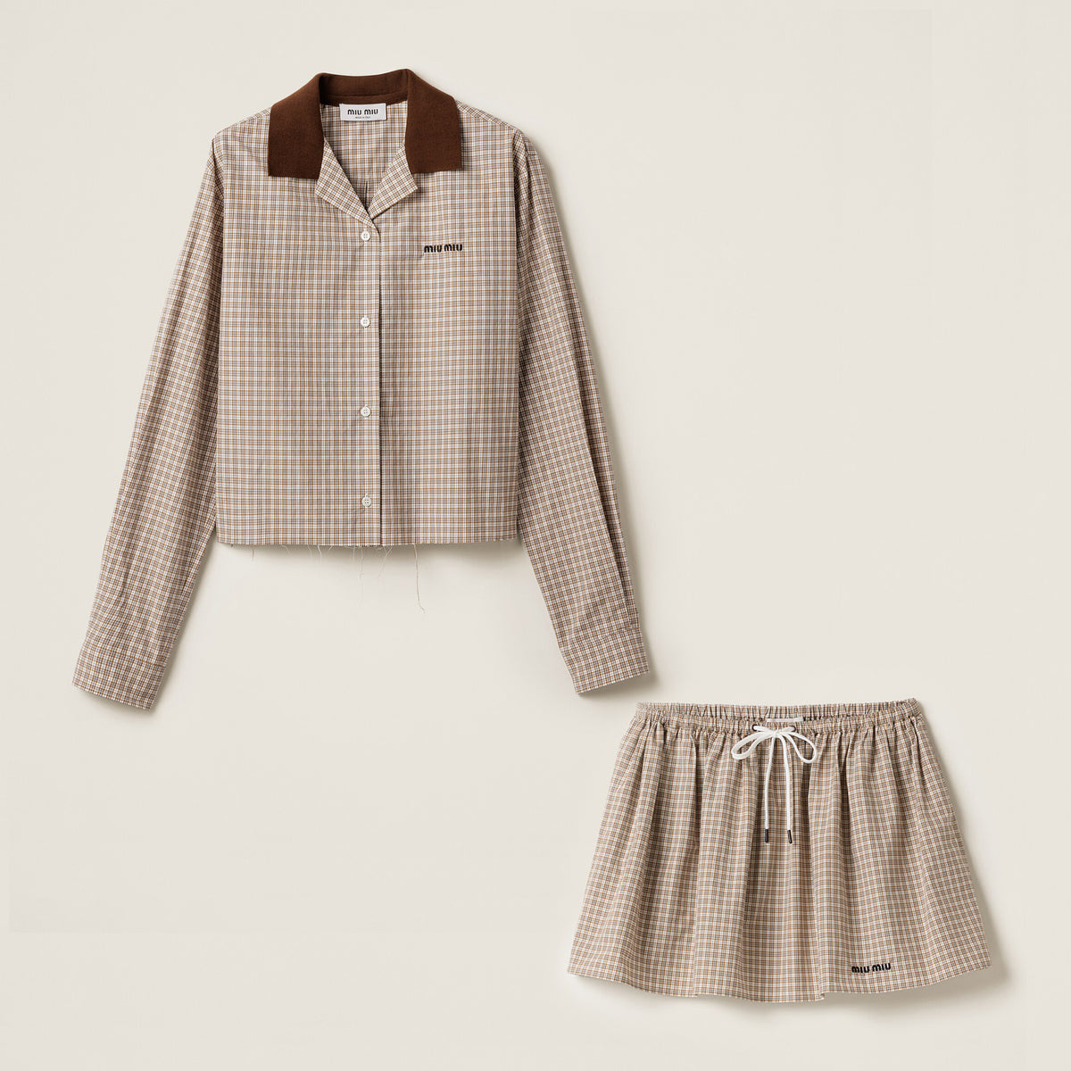 MiuMiu Women's Spring And Summer Color Blocking Plaid Letters Embroidery Single Breasted Long Sleeved Shirt Tie Elastic Waistband Casual Short Skirt Suit Set #75452