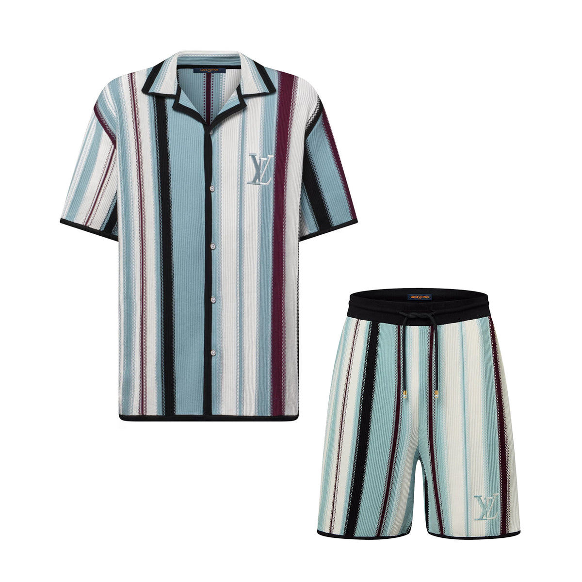 Louis Vuitton Men's Summer Striped Crochet Single Breasted Short Sleeve Shirt Casual Lace-Up Shorts Suit Set #76893