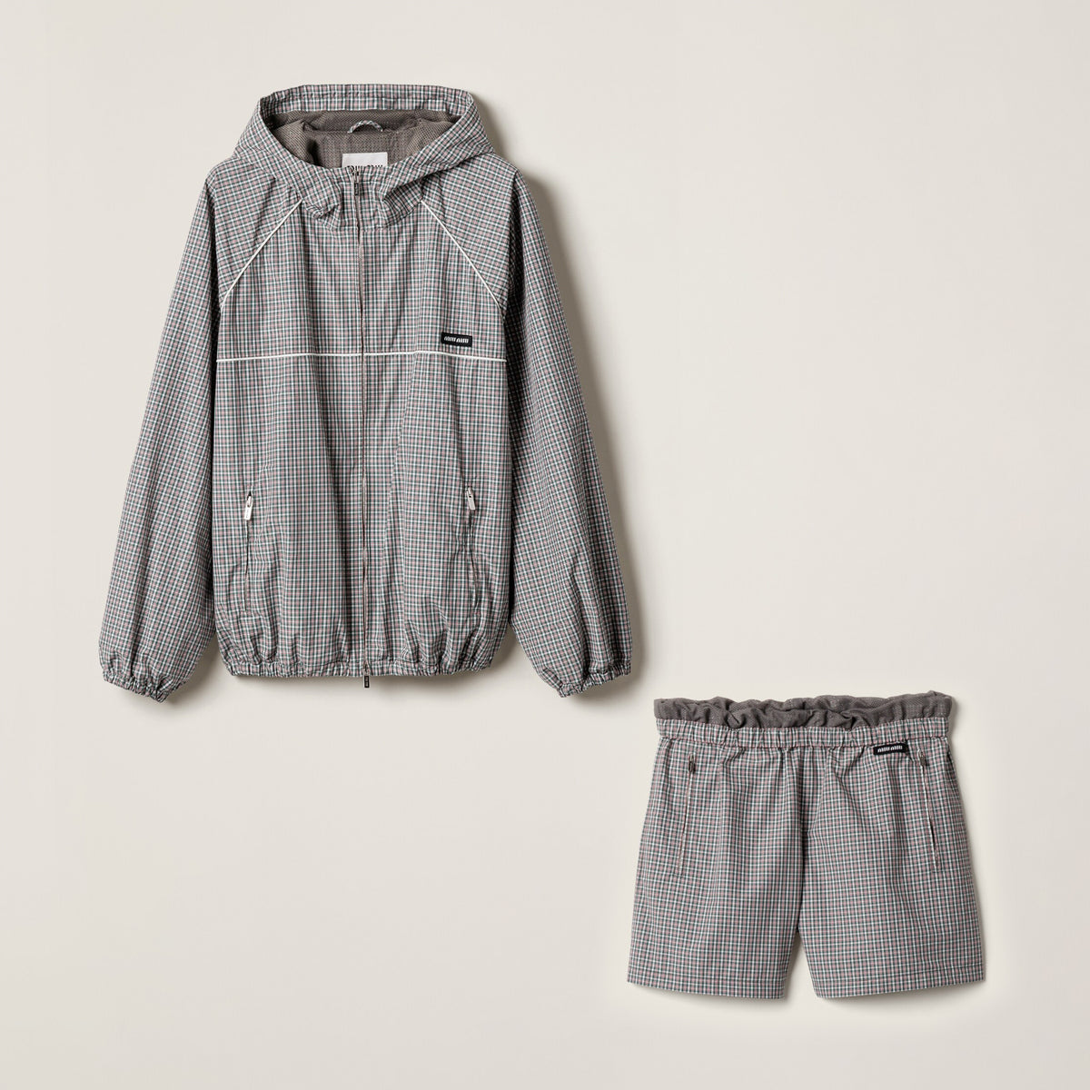 MiuMiu Women's Spring/Autumn Checkered Print Hooded Zipper Long Sleeve Jacket and Casual Shorts Set Suit #77383