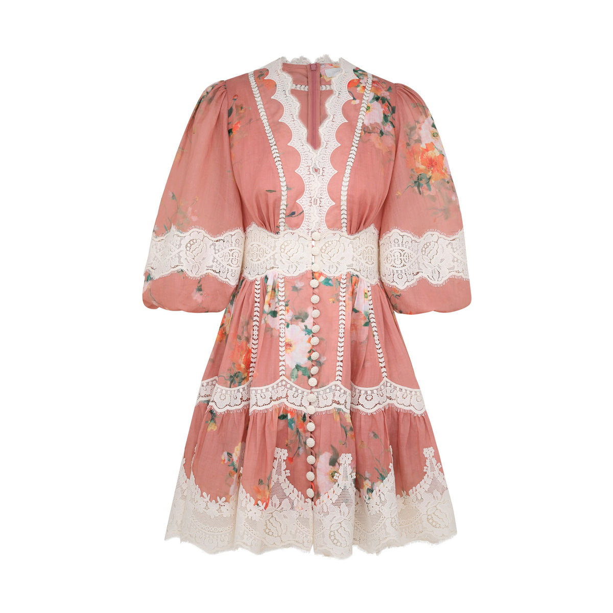 Zimmermann Women's Summer Solid Color Floral Pattern Printed Lace Trim V-neck Single Breasted Short Sleeved Short Dress #77661