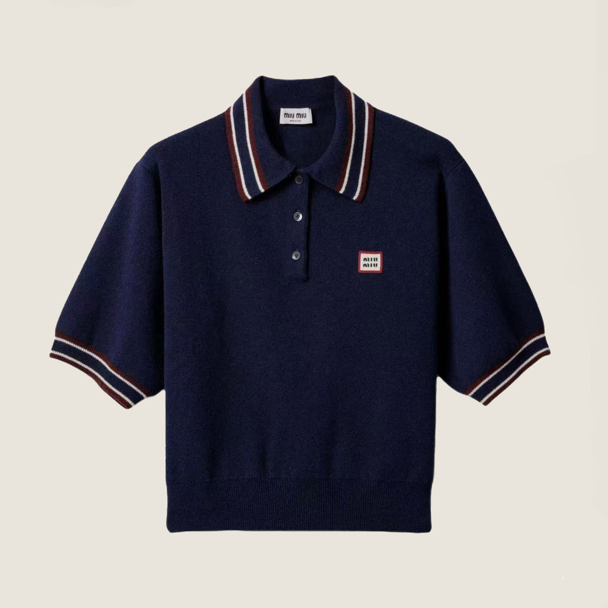 MiuMiu Women's Spring And Summer Polo Shirt Knitted Fashion Retro Navy Blue Striped Color Blocking Buttons Short Sleeve T-shirt Tops #81641