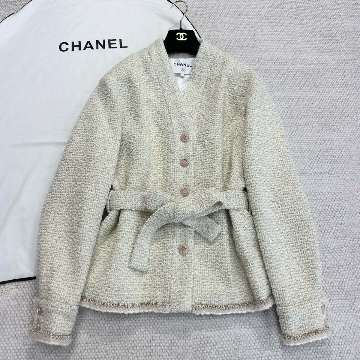 Chanel Women's Autumn And Winter New Beige Jacket V-neck Bathrobe Belt Tweed Top Straight Trousers Pants Casual Suit Set Ngvp #9951