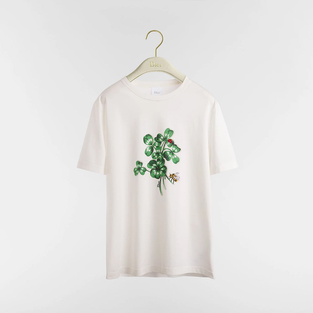 DIOR Fitted T-Shirt White Cotton Jersey with Green Dior Clover Motif #375760