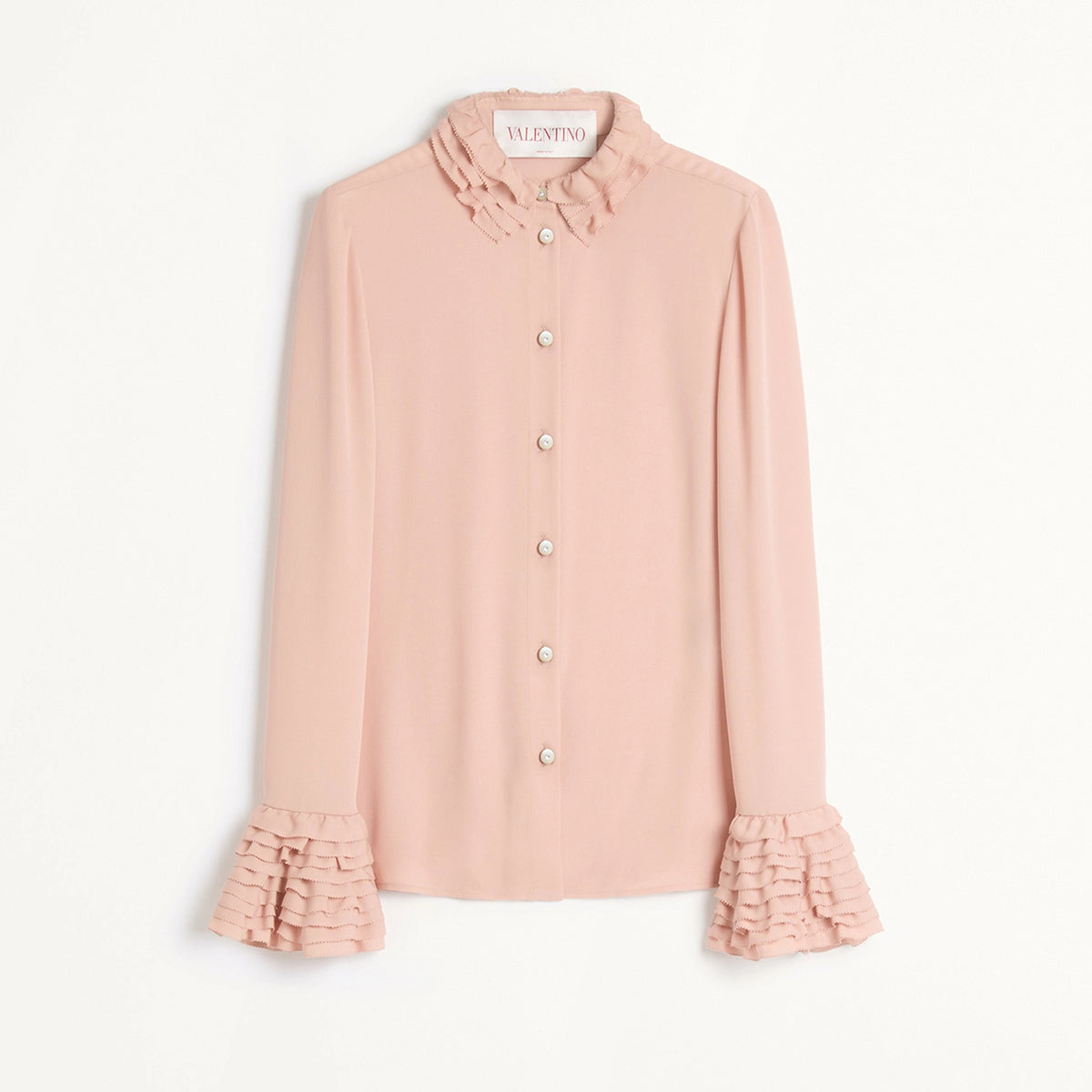 Valentino Women's Spring Pink Ruffled Lapel Single-breasted Silk Shirt Fashionable Temperament Elegant Blouse Ngvp #9913