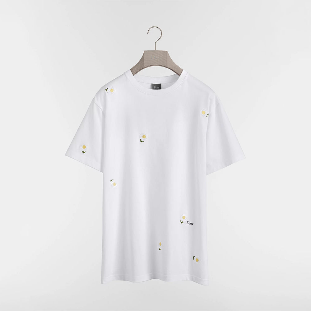 DIOR T-Shirt with Daisy Embroidery. Relaxed Fit White Cotton Jersey #377734