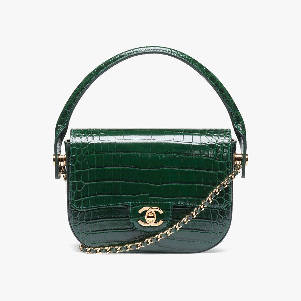 CHANEL Mini Flap Bag With Top Handle Crocodile Embossed Calfskin Gold-tone Metal Green #387665