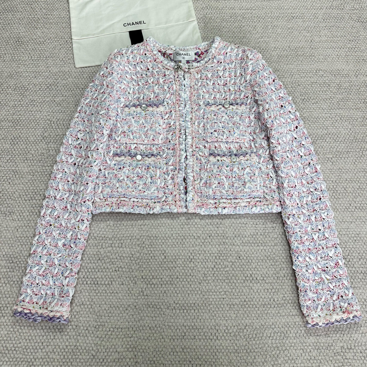 Chanel Women's  Spring And Summer Pink Woven Knit Sweater Jacket Round Neck Single Breasted Pocket Fashion Temperament Elegant Short Top Ngvp #1344
