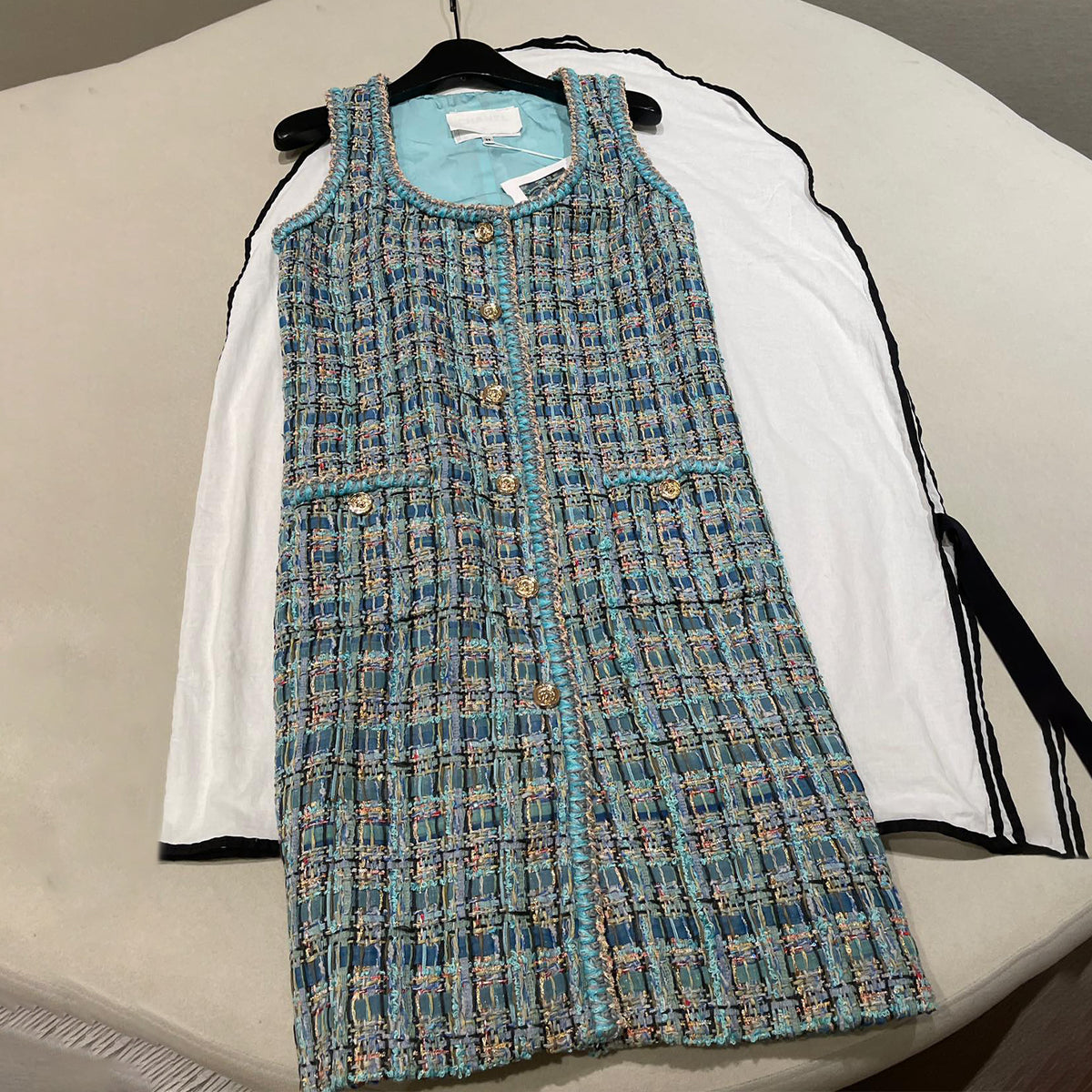 Chanel Women's High Street Summer Single-Breasted U-Neck Short Solid Color Cotton Twill Sleeveless Dresses Ngvp #2145