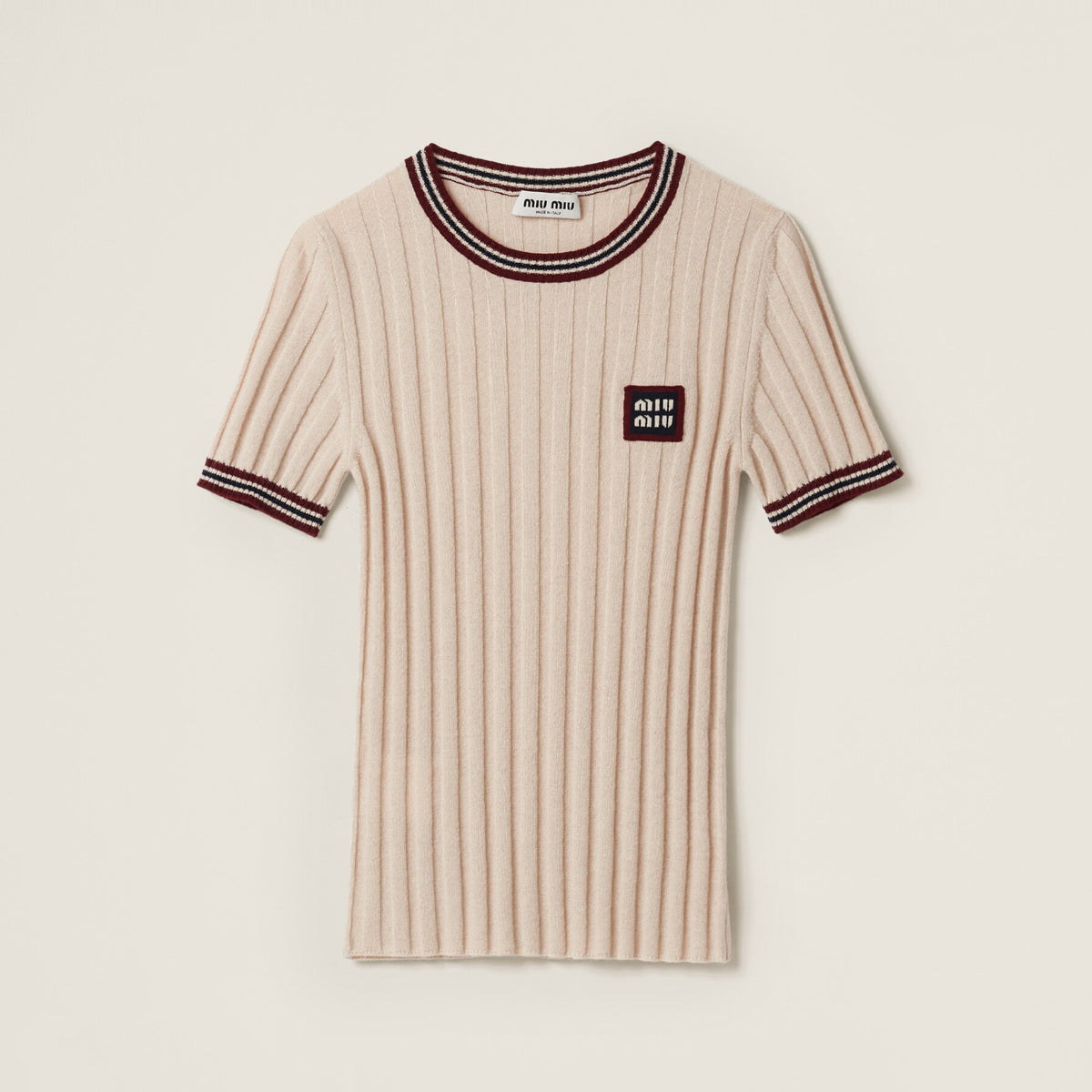 MiuMiu Women's Summer Solid Color Letter Print Knitted Round Neck Short Sleeve T-Shirt #77557