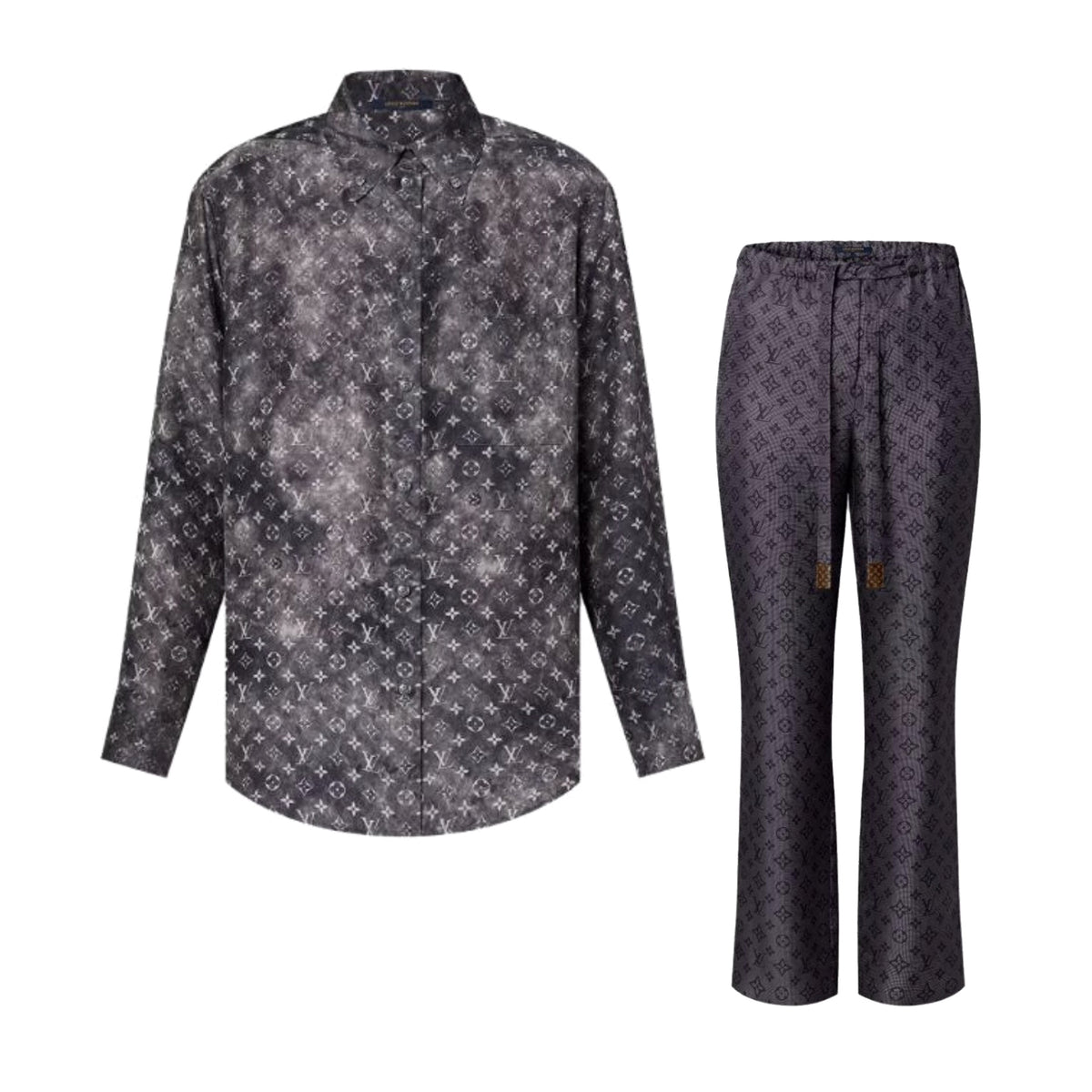Louis Vuitton Women's Summer Letter Printed Single Breasted Long Sleeve Shirt Lace Up Casual Pants Set Suit #75558