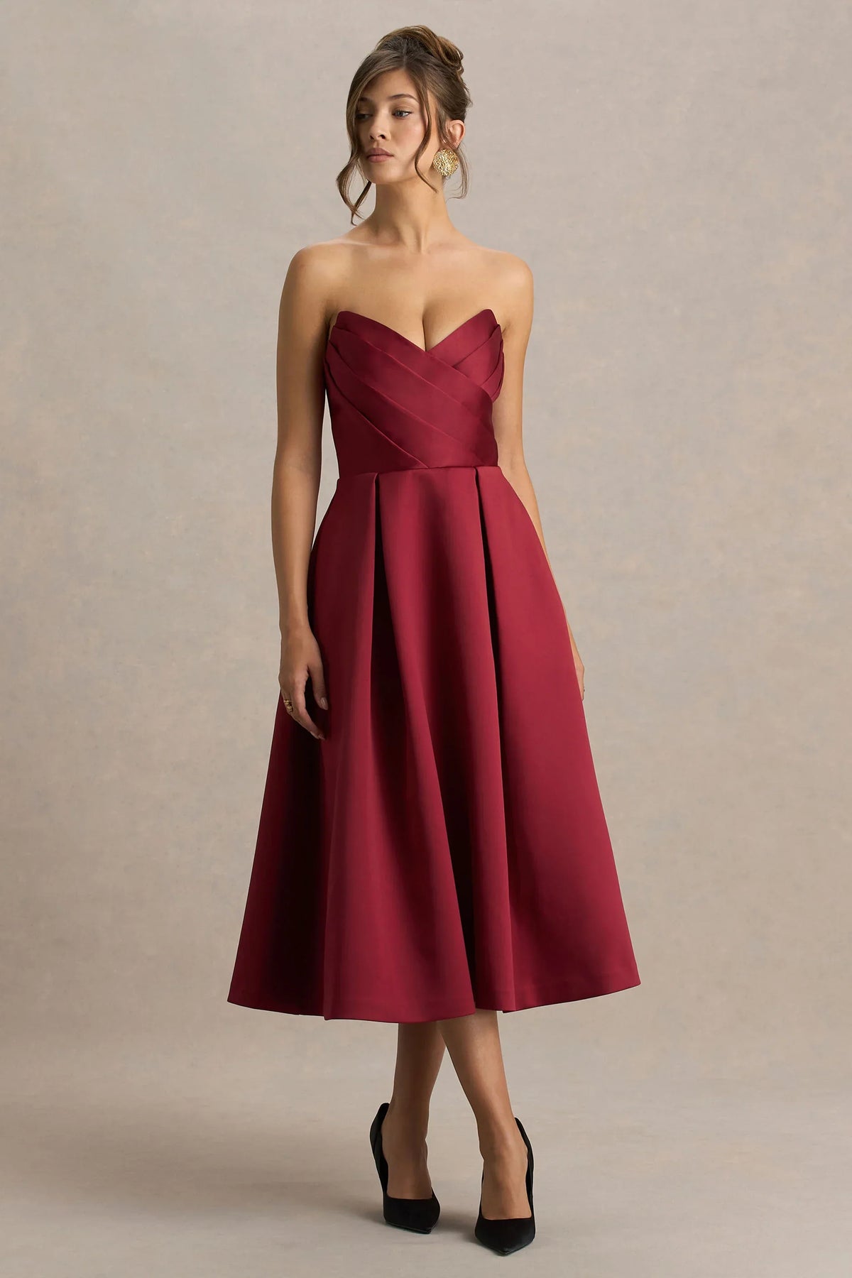 Promises | Red Satin Sweetheart-Neck Midi Dress