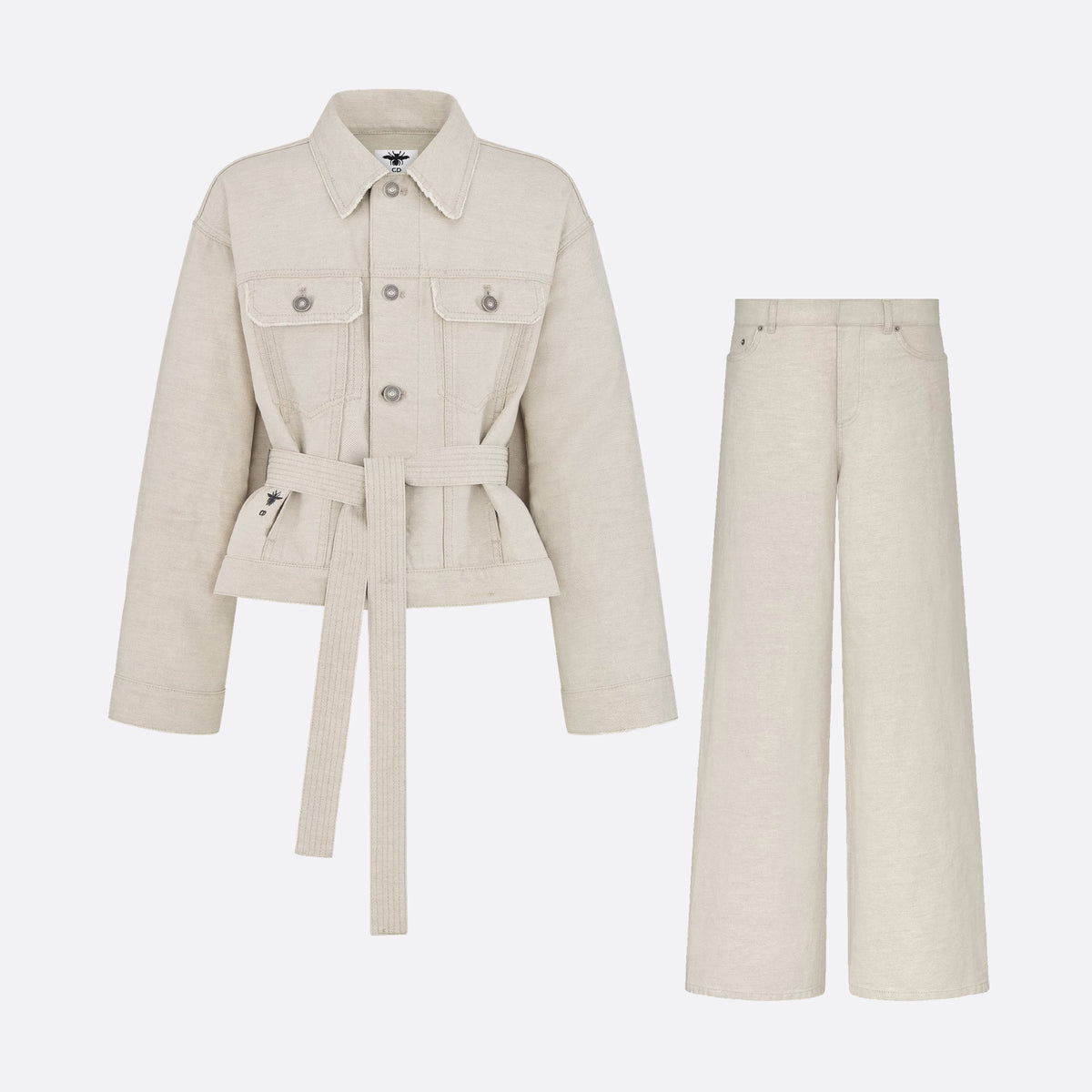 Dior Women's Spring/Autumn Solid Color Linen Blend Denim Fabric Belted Single-Breasted Long-Sleeved Jacket High-Waisted Casual Denim Pants Set Suit #77483