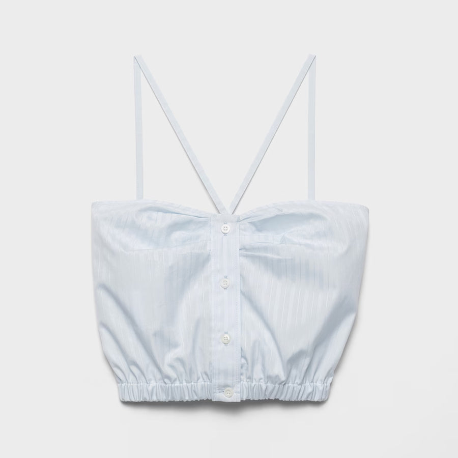 Prada Women's Summer High-Street Cotton Pleated Button-Up Elastic Hem Solid-Color Striped Short Top Sleeveless Double-Strap Cross-Front Halter Camisole Ngvp #2542