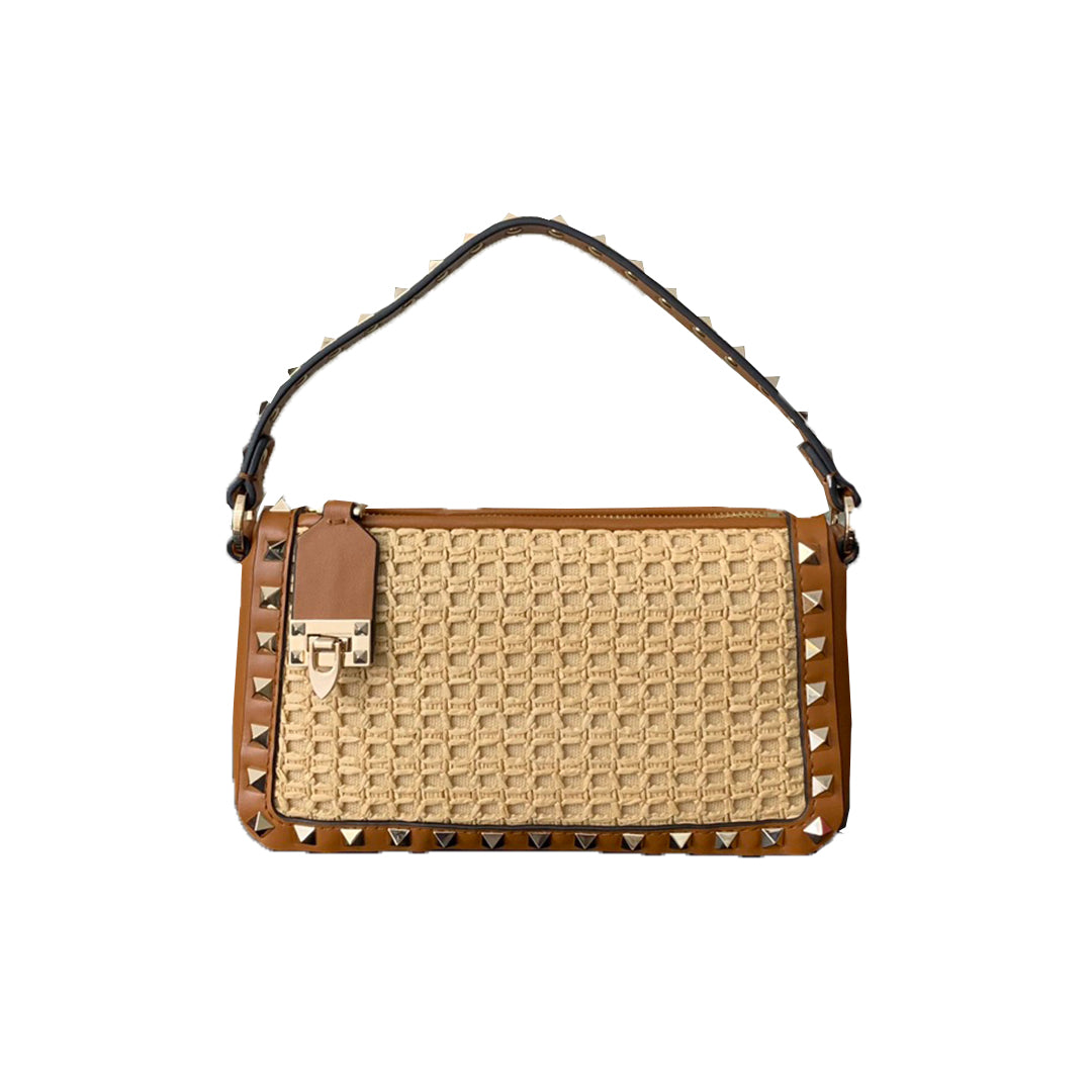 Valentino Women's Four Seasons Raffia Leather Crossbody Bag Rivet Colorblocking Casual Handbag Ngvp #8316