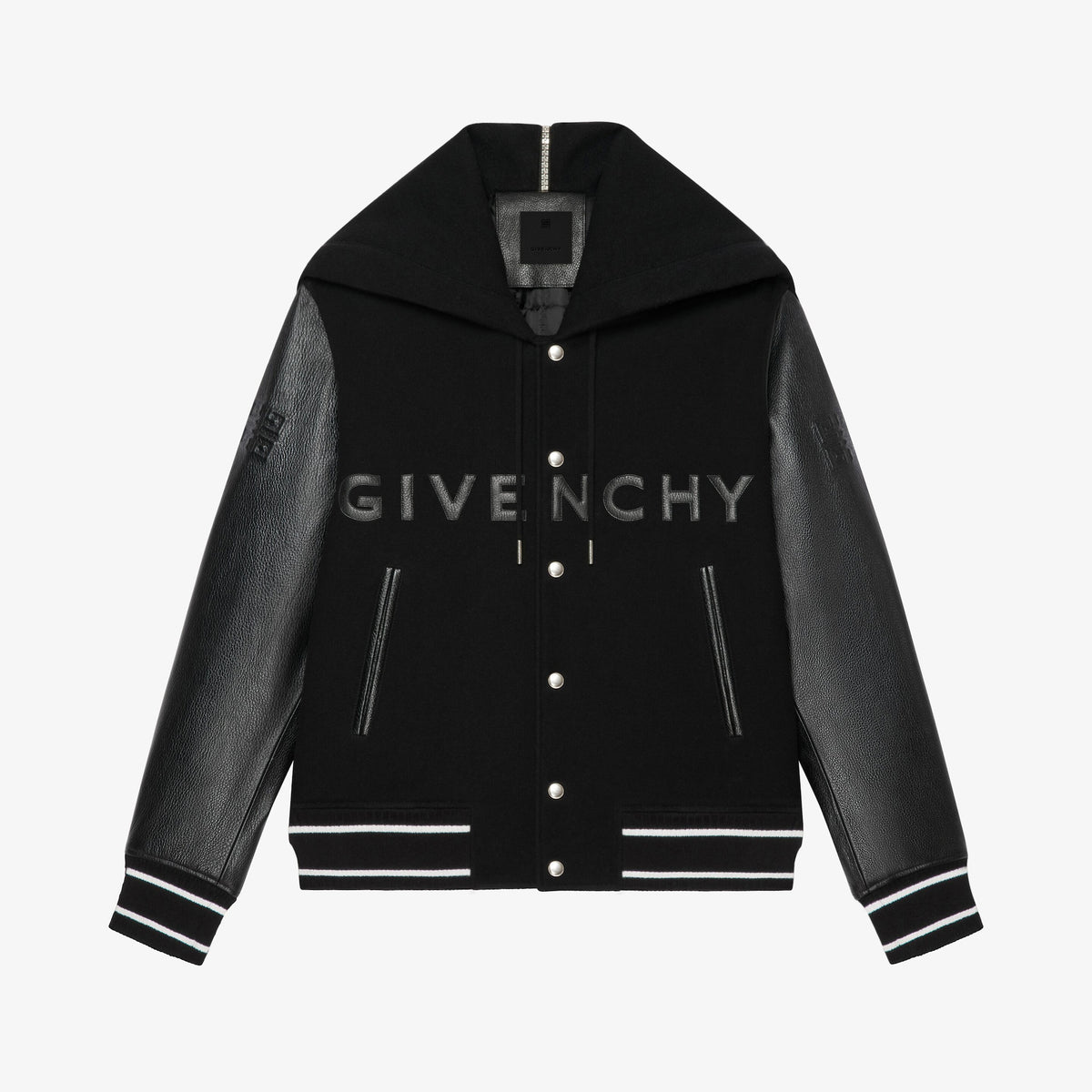 Givenchy Leather Wool Long Sleeve Hooded Zip Split Hat Jacket #1432