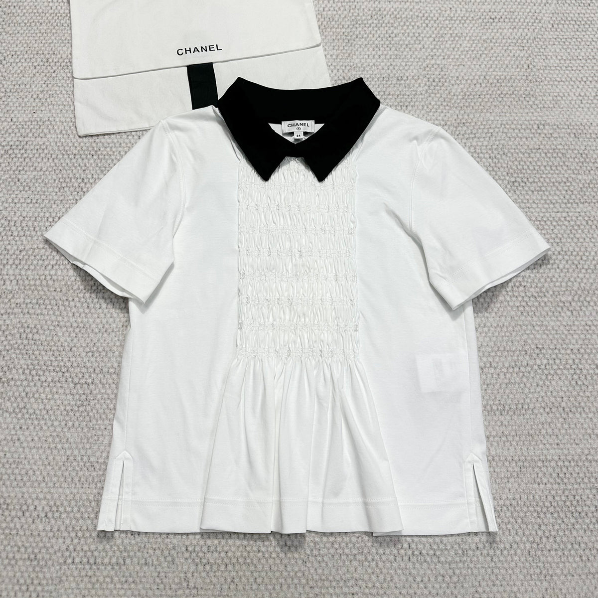 Chanel Women's Spring And Summer Pleated Short Sleeved Color Blocked Lapel Cotton Pullover T-Shirt Top Shirt Ngvp #2593