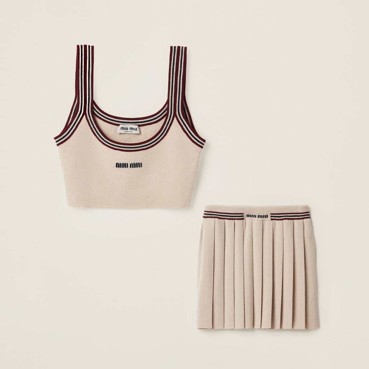 MiuMiu Women's Summer Embroidered Letter Print Cashmere Knit Tank Top And Casual Pleated Short Skirt Set Suit #77555