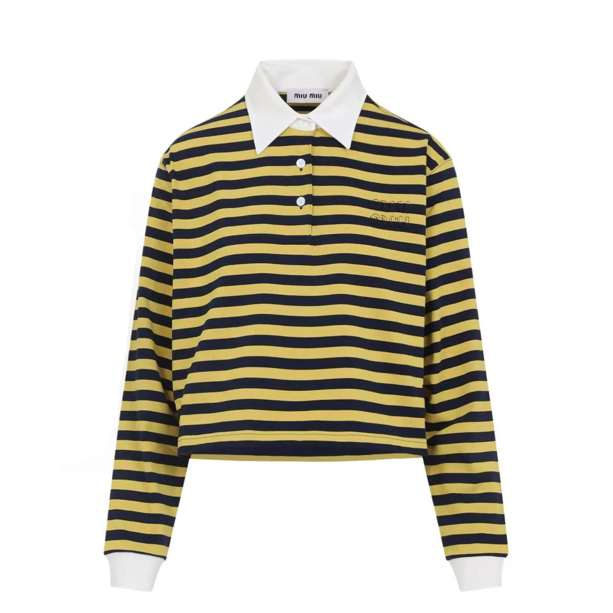 MiuMiu Women's Spring And Summer Fashion Trend Cotton Striped Embroidered Logo Long Flow Polo Shirt T-shirt Loose Casual Top #81618