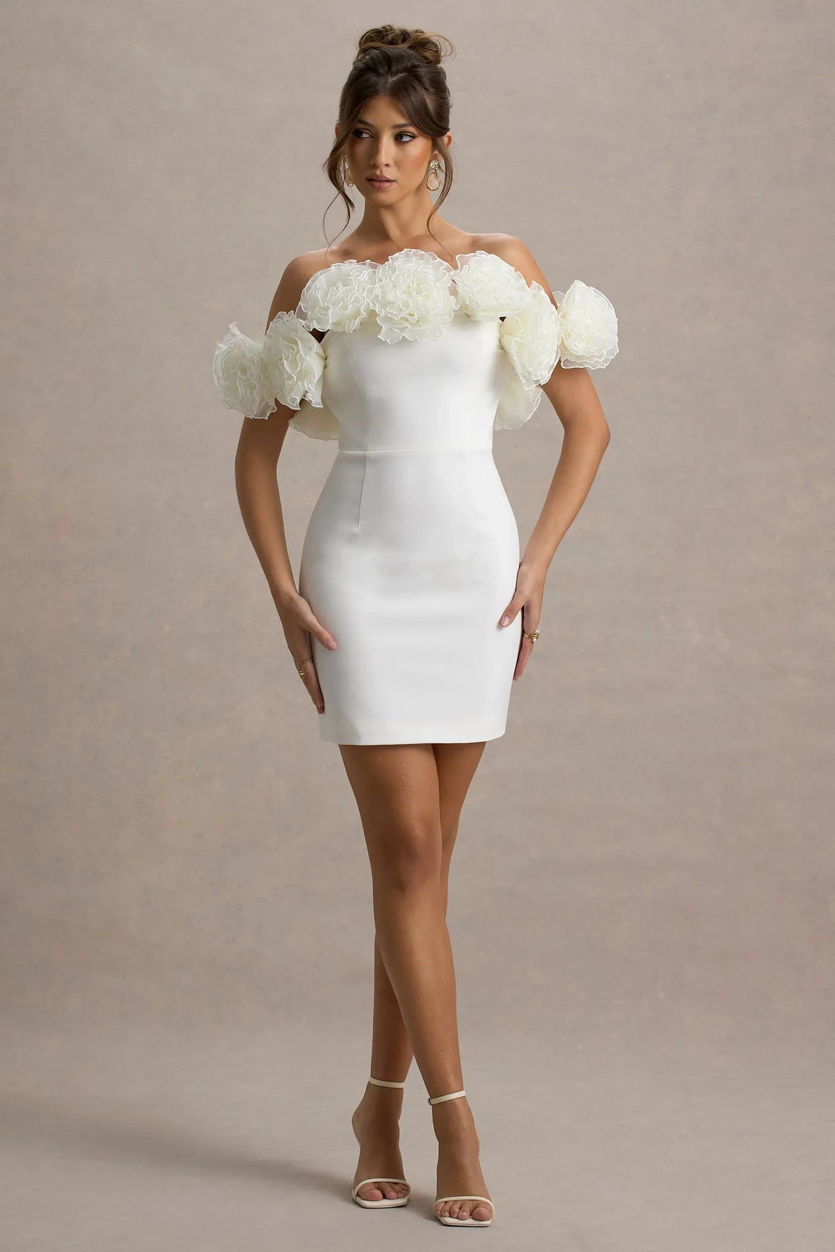 Von | White Bardot Mini Dress With Ruffle Trim
