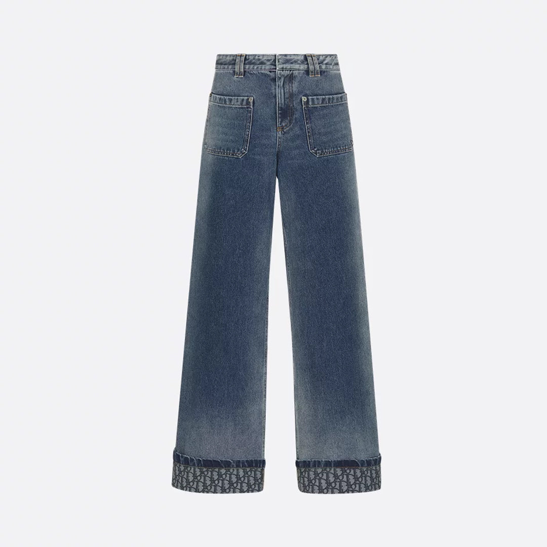 Dior Women's Four Seasons Mid Waist Zipper Solid Color Cotton Loose Washed Rolled Flare Jeans Denim Pants #71884