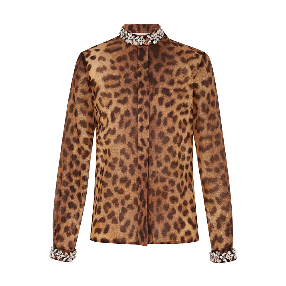 Zimmermann Women's Spring And Autumn Leopard Printed Studded Diamonds Round Collar Solid Color Linen Silk Long Sleeve Shirt Ngvp #9964