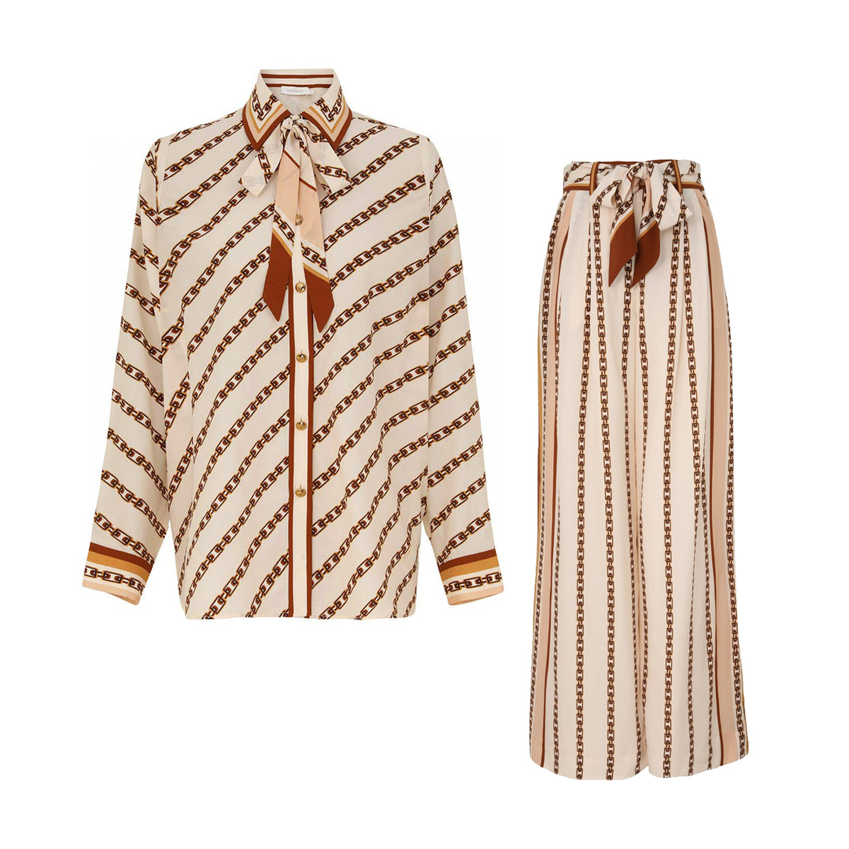 Zimmermann Women's Summer Bow Tie Neckline Chain Print Single Breasted Long Sleeved Shirt Casual Wide Leg Pants Suit Set #76595
