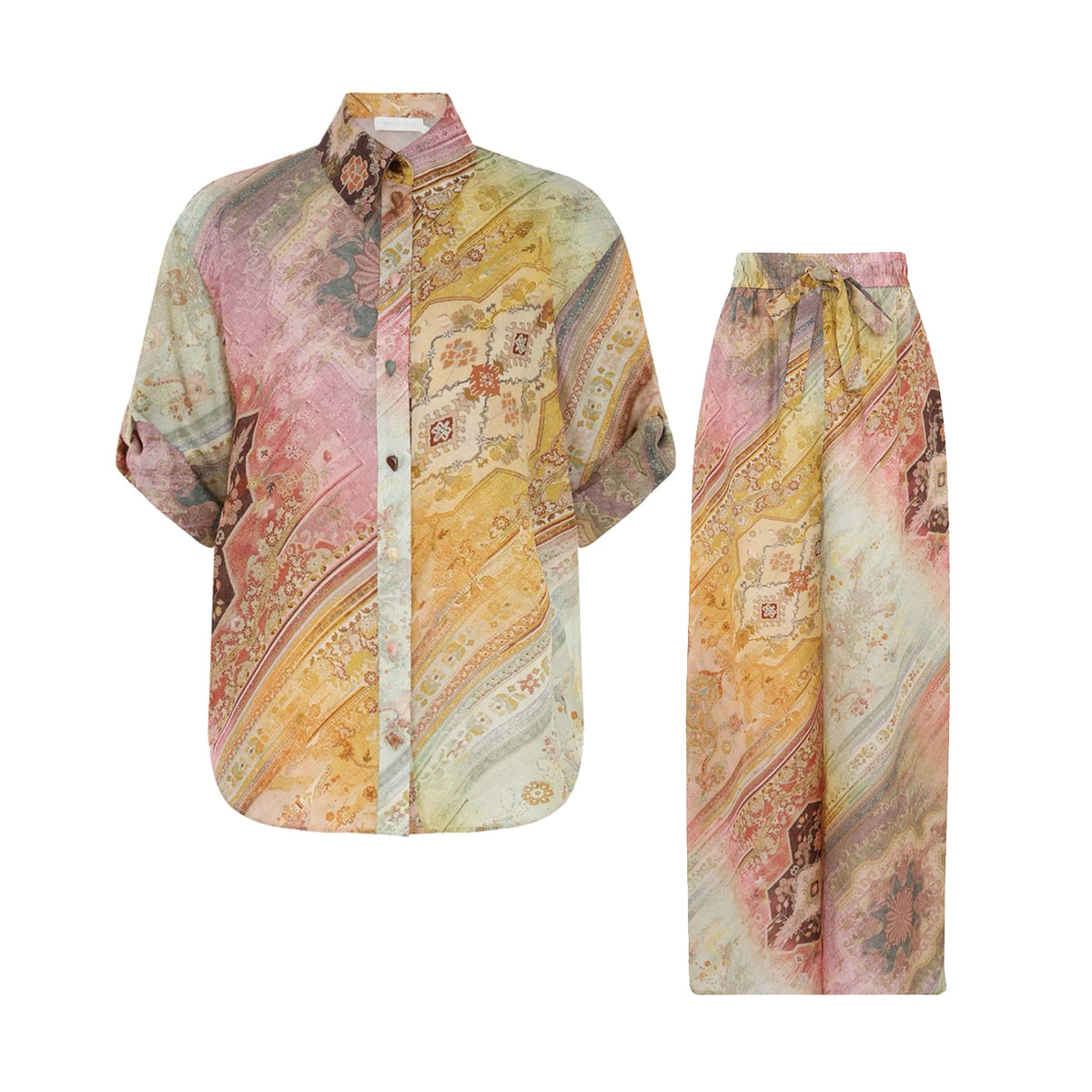 Zimmermann Women's Summer Patterned Printed Single Breasted Short Sleeved Shirt And Drawstring Casual Pants Set Suit #77436