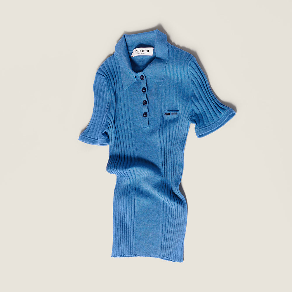 MiuMiu Aviator Blue Ribbed Knit Wool Polo Shirt #335649