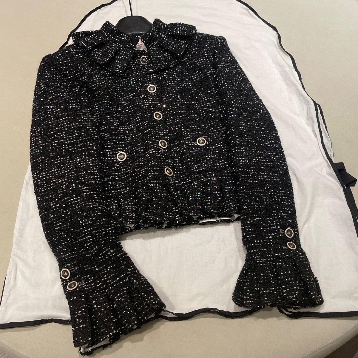 Chanel Women's Autumn/winter Black Shiny Tweed Single-breasted Jacket With Lace Collar Stylish Mini Skirt Suit Set Ngvp #2172