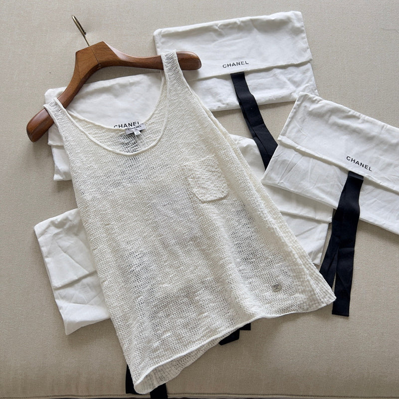 Chanel Women's Summer High Street Hollow Mesh Solid Color Round Neck Cotton Sleeveless Tank Top Vest Ngvp #1923