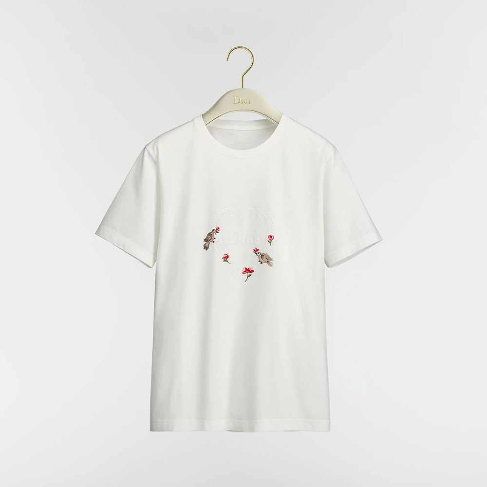 DIOR Dioramour Fitted T-Shirt White Cotton Jersey with Multicolor Doves Roses Motif #375761