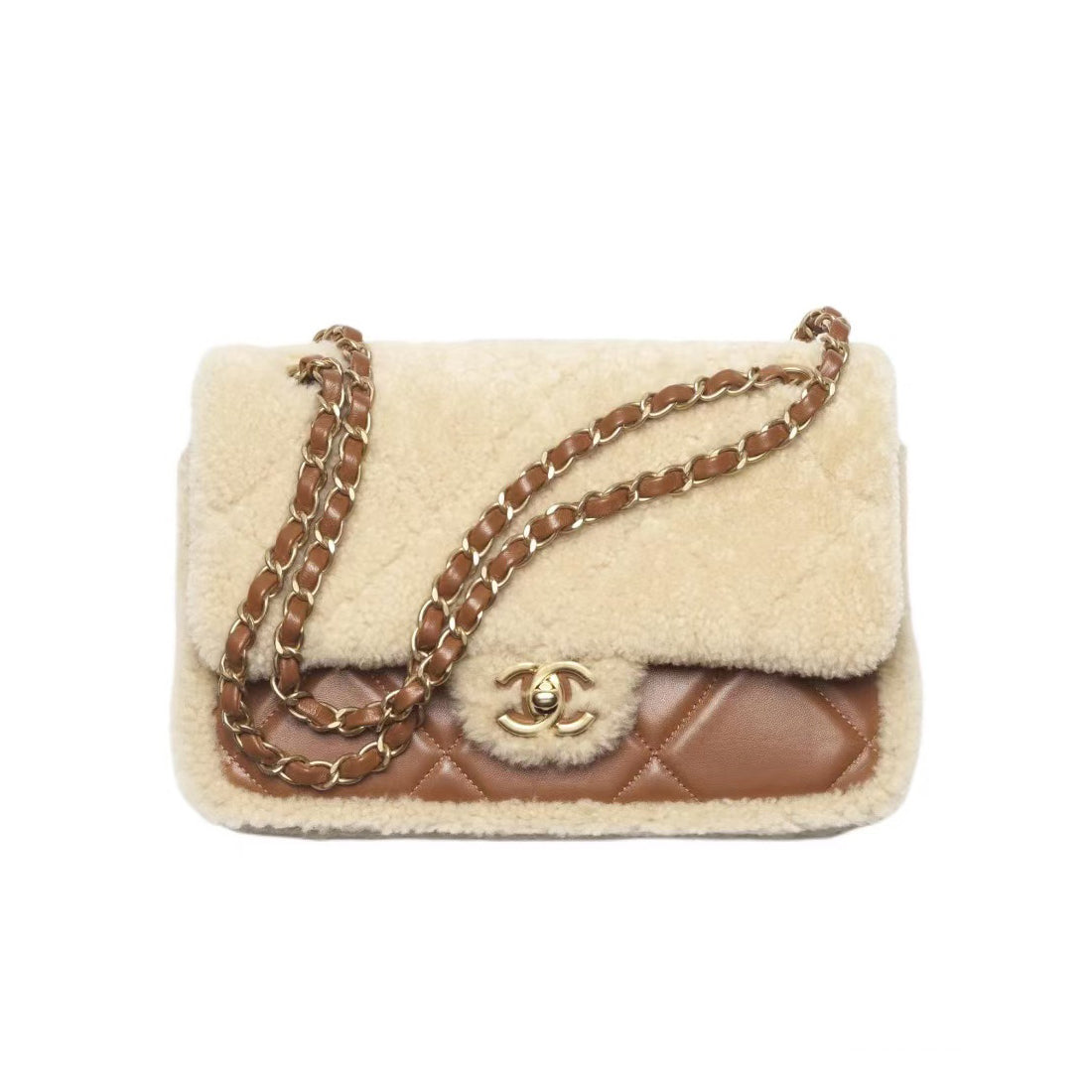 Chanel Women's Beige Spell Brown Lock Closure Chain Shoulder Strap Lambskin Tote Shoulder Bag Bags #73463