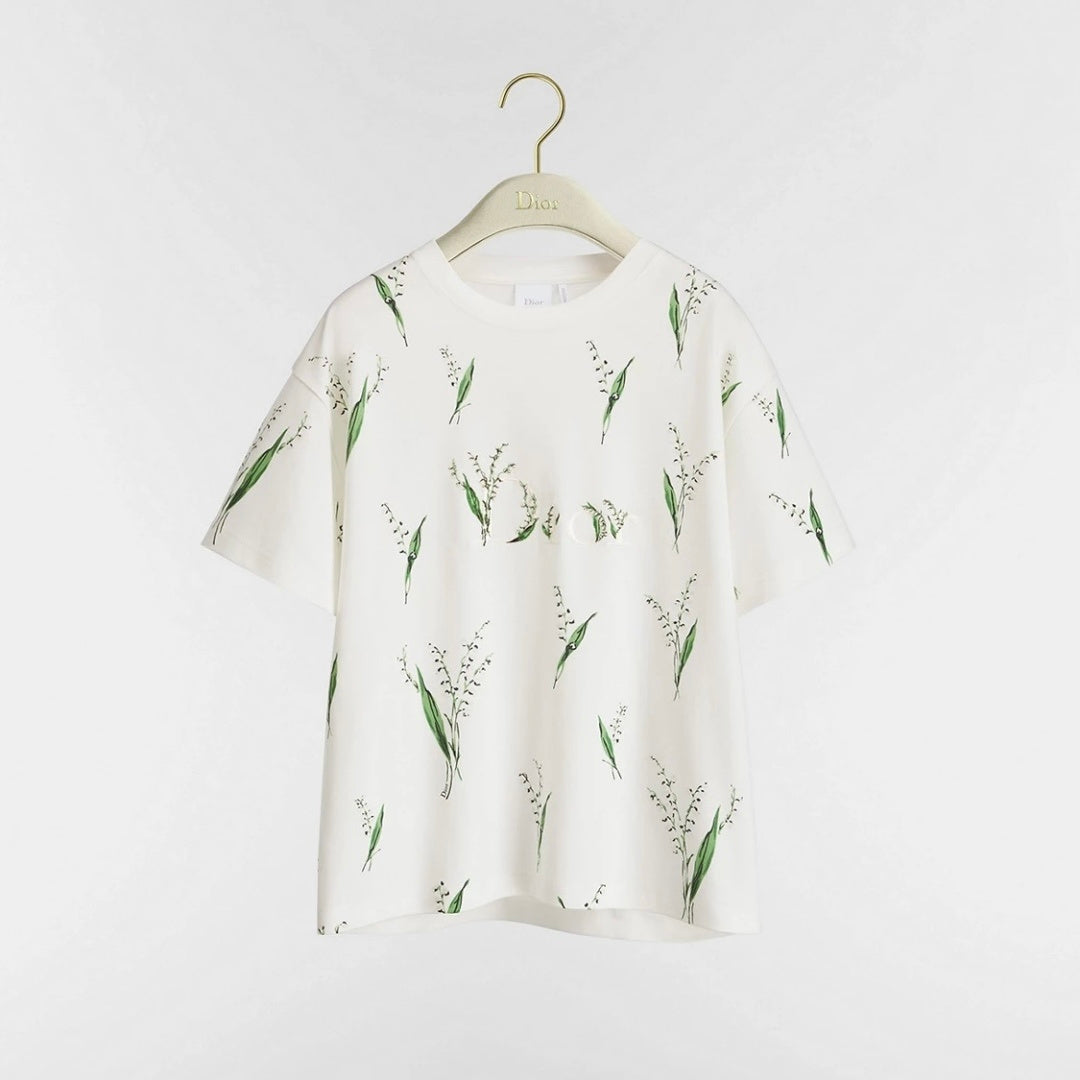 DIOR Oversized T-Shirt White Cotton Jersey with Multicolor Lily of the Valley Motif #377093